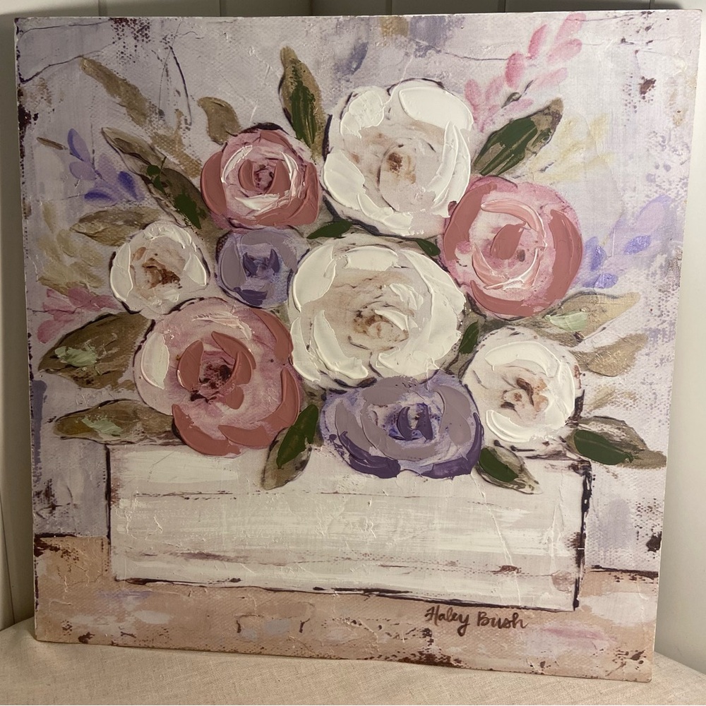 Flower box print wall art on wood frame RAZ Imports Haley Bush floral bouquet